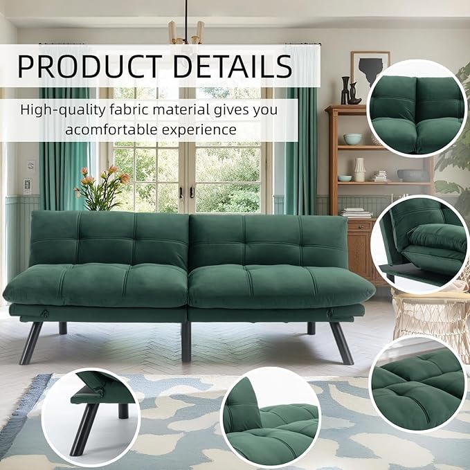 71-inch Microfiber Upholstered Futon Sofa Bed - 2 Seats Adjustable Arms/Back Iron Legs | Convertible to Sleeper for Main Living Spaces Bedrooms Offices (Emerald +2Seat)