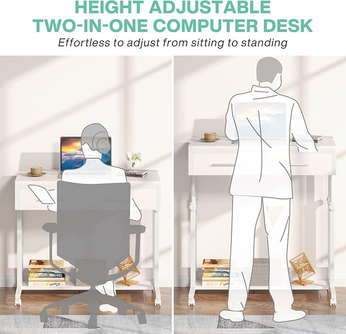 Tribesigns Portable Desk with Drawers Mobile Laptop Desk with Wheels Sofa Side Table Bed Desks Small Standing Desk for Home Office (White)