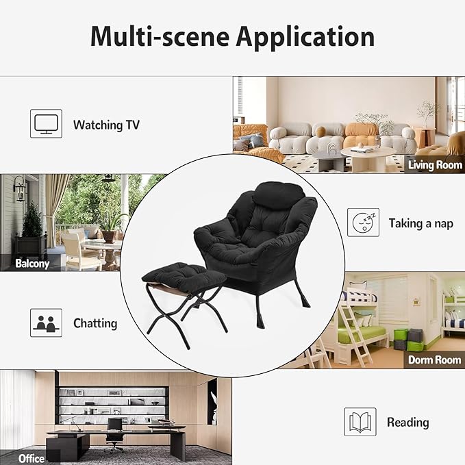 Lazy Chair with Folding Ottoman Accent Chair Velvet Upholstered with Metal Structure and Non-Slip Pads Sofa Armchair with Footrest and Side Storage Bag for Dorm Room Office Black