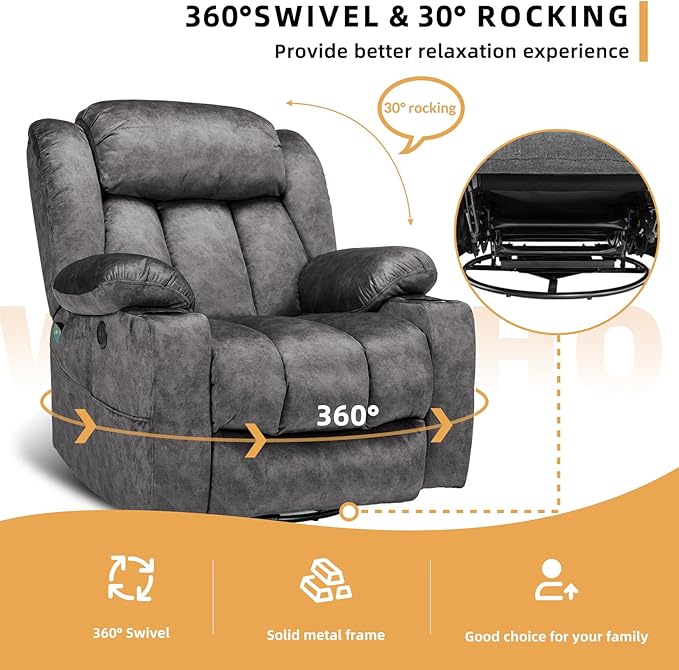 360° Swivel Glider Rocking Recliner Chair Overstuffed Manual Massage Recliner with Heat and Vibration Single Modern Sofa Home Seating for Living Room USB Ports/Cup Holders (Plush-Grey)