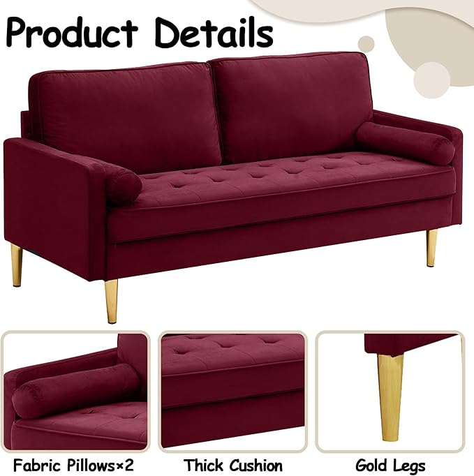 65 Loveseat Sofa with 2 Pillows Comfy Love Seat Cuches with Gold LegsVelvet Small Couchs for Living Room Bedroom Office ApartmentMid Century Modern Couch (Red)