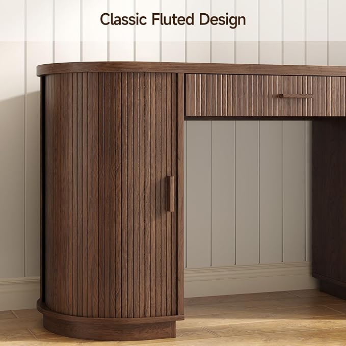 ONBRILL 58 Inch Fluted Executive Desk Computer Desk with Storage Drawers &amp File Drawer Modern Home Office Desk with Charging Station for Working Studying Writing Walnut