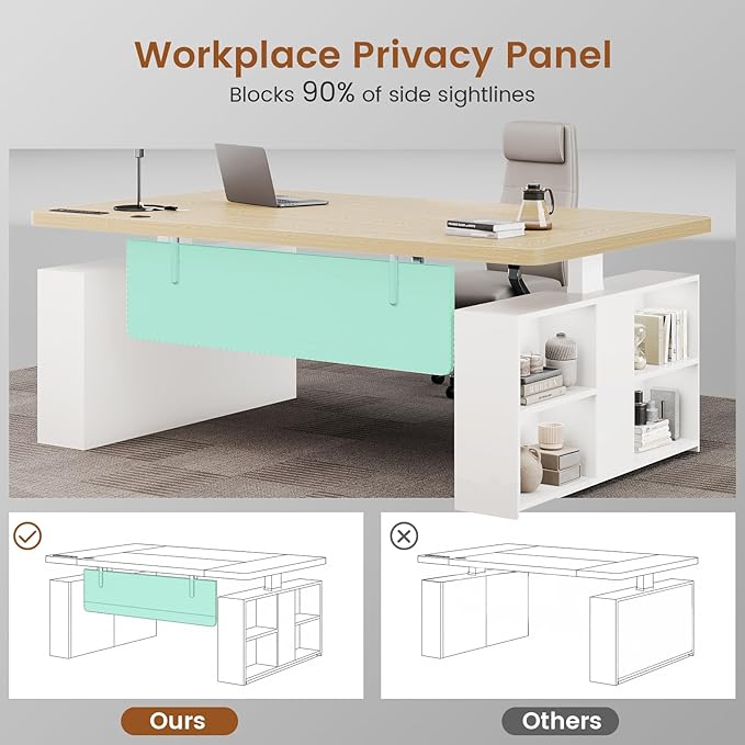 SEDETA 63 Executive Standing Desk with Storage Executive Height Adjustable Desk with Power Outlets Large Computer Office Desk with Privacy Panel for Home Office Natural Oak