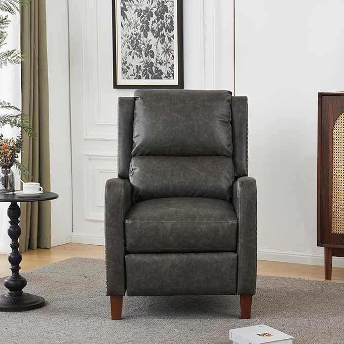 Leather Pushback Recliner Chair PU Leather Push Back Armchair Upholstered Recliner Chair 105-135 Degree Adjustable Retro Accent Chair for Living Room Bedroom - Gray