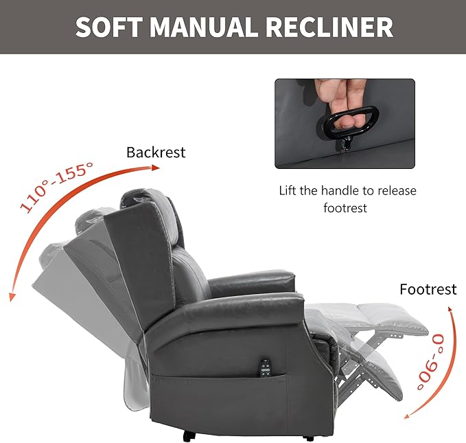 KEIKI Oversized Recliner Chair Manual Leather Recliner Chair with 8 Vibration Nodes Back Massager and Heating for Living Room Comfy Rocking Chairs for Living Room Grey