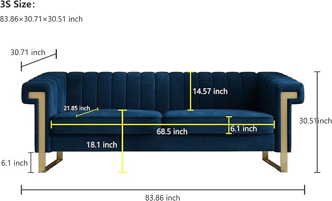 83'' Blue Velvet Couch Sofa Mid-Century Modern Love Seat Chesterfield 3 Seat Couches Sofa for Living Room Apartment (Blue)