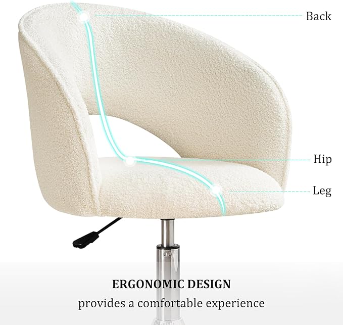 Furniliving White Makeup Vanity Chair Height Adjustable Swivel Chairs with Sherpa Accent for Living Room &amp Lounge
