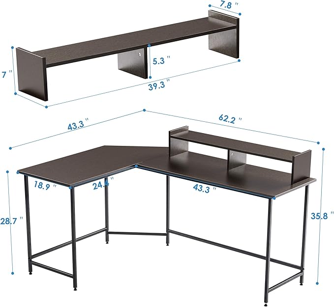 ivinta L Shaped Desk 62.2 Modern Corner Computer Desk with Monitor Stand for Small Spaces Living Room Home Office Bedroom 6404 (Dark Brown)