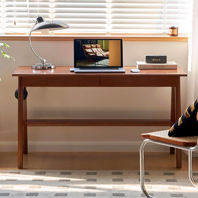 100% Solid Rubber Wood Desk Home Office Desk Mid Century Modern Writing Computer Desk with Drawer for Home Office 47