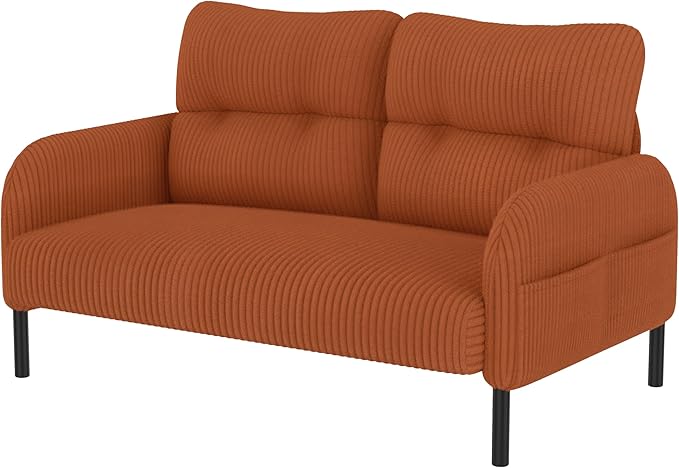 Orange Small Loveseat Couch for Small Spaces Corduroy Upholstered Love Seat Sofa with Side Storage Bags Comfy Mini Couch with Wooden Legs for Bedroom Living Room Apartment and Office (Orange)