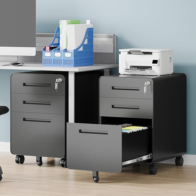 3 Drawer File Cabinet Fully Assembled Mobile File Cabinets with Lock for Home Office Metal Rolling Filing Caninet on Wheels Three Drawer Under Desk Cabnet for Letter/Legal / A4 - Black