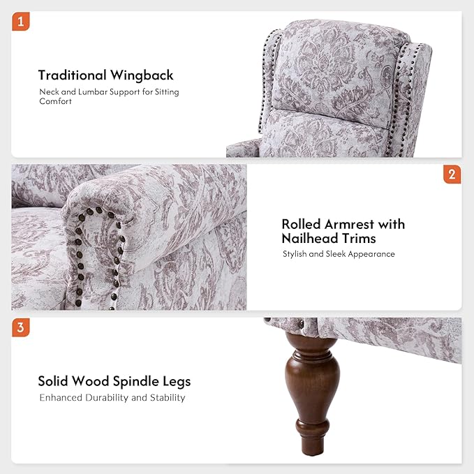 Pushback Recliner Chair Upholstered Floral Fabric Wingback Chair Single Sofa Accent Chair with Lumbar Support and Rivet Decoration for Living Room Bedroom Beige Floral
