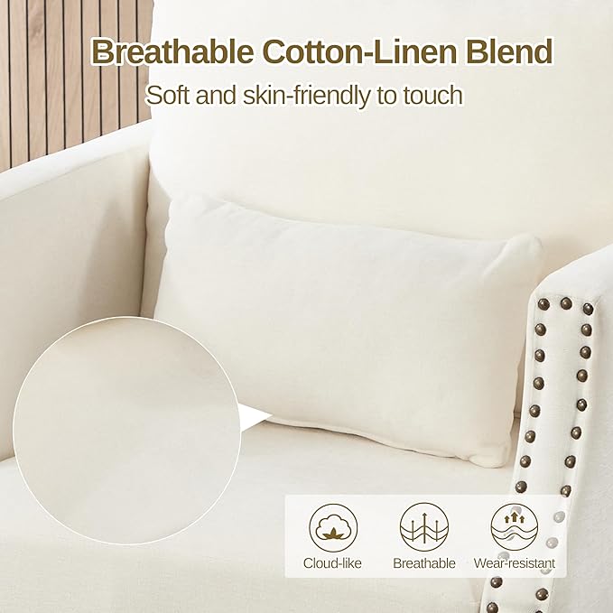 civama Linen Accent Chairs Set of 2 with Lumbar Pillow - Ergonomic Spring Support Upholstered Armchair 300LBS Capacity Nailhead Trim Easy Assembly for Living Room Bedroom Beige