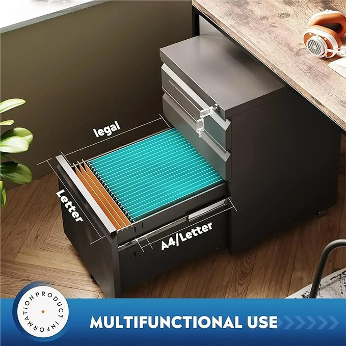 Mobile File Cabinet 3 Drawer Mobile File Cabinet with Lock Under Desk Metal Filing Cabinet for Legal/Letter/A4 File Fully Assembled Except Wheels