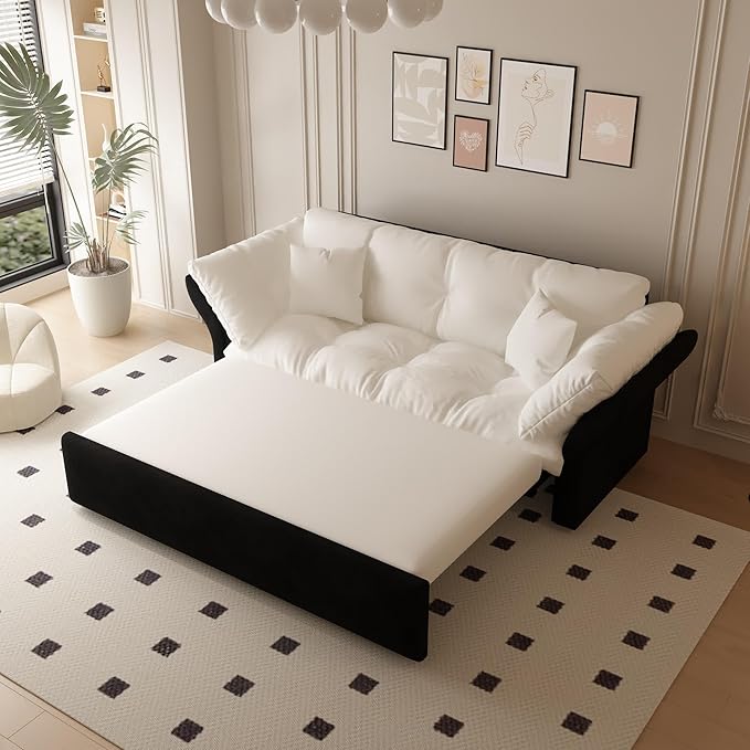 74.8'' Pull Out Sofa Bed Queen Convertible Sleeper Sofa Couch Velvet Loveseat Recliner Comfy Cloud Futon Couch for Living Room Apartment Small Space Bedroom RV Beige