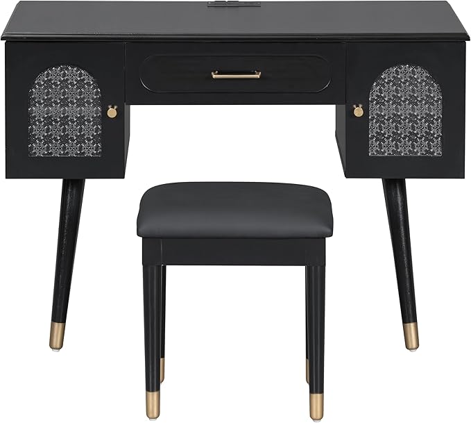 Merax Modern Home Office Desk with Stool Black Elegant Frosted Glass Doors Writing Desk with 1 Compartment Storage Drawer &amp 2 Cabinets &amp Charging Port