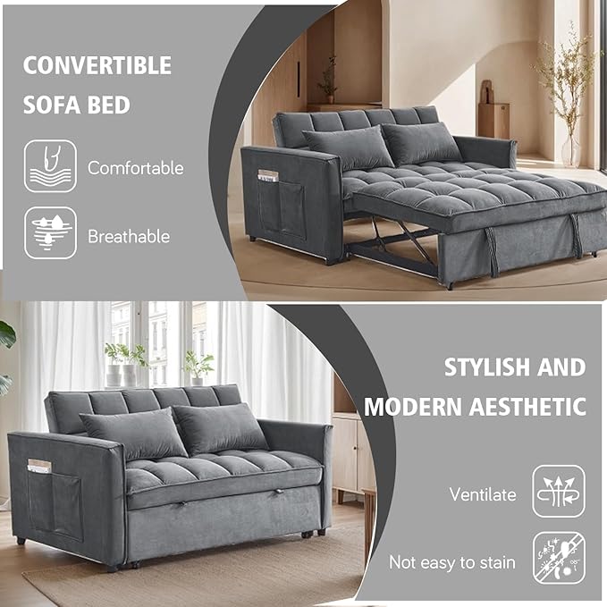 55 Convertible Full Size Sofa Bed 3 In 1 Velvet Sleeper Sofa with Pull-Out Bed Futon Couch with Adjustable Backrest and Side PocketModern Loveseat for Small SpacesLiving Room (Dark Grey)