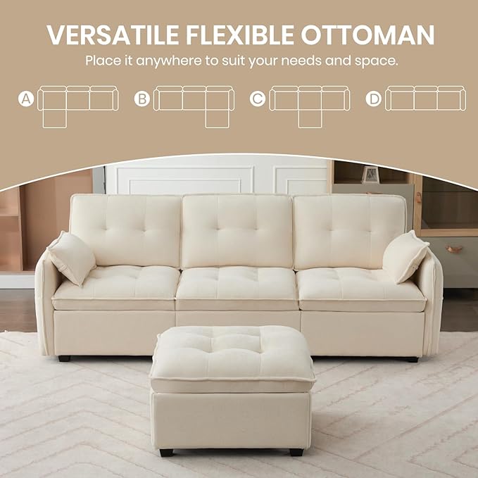 98 L Shaped Couch Modular Sectional Sofa Comfy Cloud Couch with Movable Ottoman 3 Seater Chenille Sleeper Deep Seat Sofa with Throw Pillows for Living Room Office (Beige 3-seat)