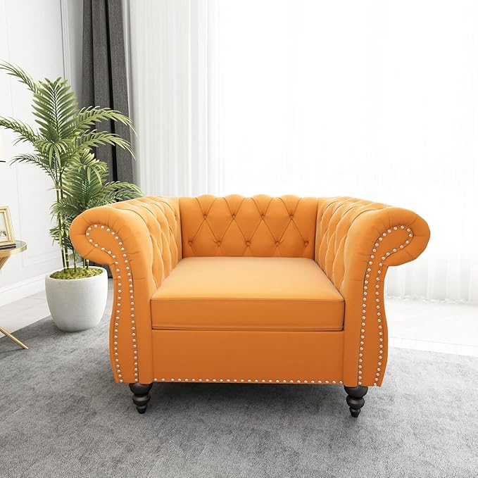 Living Room Chair Modern Velvet Chesterfield Sofa Chair Mid Century Single Sofa Couch Chair with Tufted Back and Rolled Arms Accent Sofa Chair for Living Room Apartment Yellow