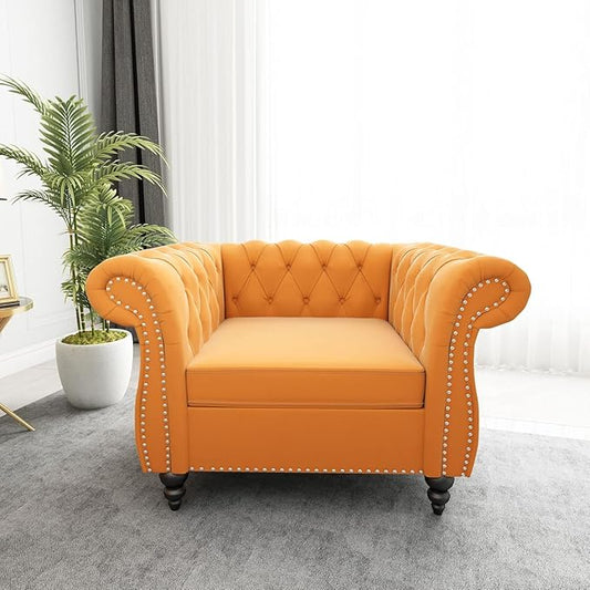 Living Room Chair Modern Velvet Chesterfield Sofa Chair Mid Century Single Sofa Couch Chair with Tufted Back and Rolled Arms Accent Sofa Chair for Living Room Apartment Yellow