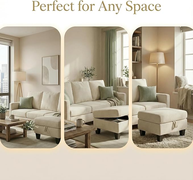 Furnimart Modern Small 3-Seater Sofa Set with Storage Ottoman Compact Couch for Small Space Chenille Fabric Solid Wood Frame Side Pocket &amp Storage Footstool Living Room Apartment(Beige)