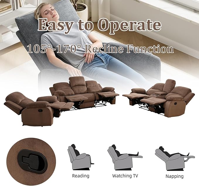 Manual Recliner Loveseat Sofa Reclining Couch with Cup Holders2 Seats Loveseat with Storage Console for Living Room/Office/Lounge/Club/Rv Car（Brown Velvet2 Seater Loveseat）