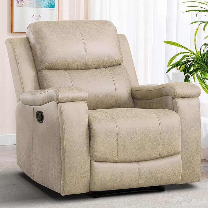 EBELLO Recliner Chair Single Overstuffed Sofa Recliner Breathable Faux Leather Manual Reclining Chairs with Hidden Cup Holder Arm and Back for Adults Living Room Bedroom Beige