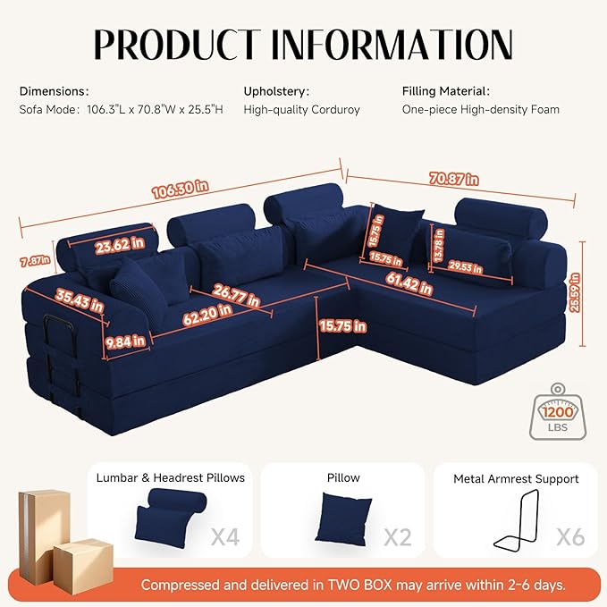106 L-Shaped Modular Boneless Couch 2-Piece System (2×70.87) Convertible Sectional to 141.7 Straight Sofa Corduroy Couch in a Box Headrest &amp Back Pillows for Living Room Navy Blue