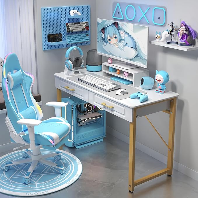 WESTREE 47.2 White and Gold Desk with 2 Drawers and Storage Shelf Modern Makeup Vanity with Glossy Desktop Gold Metal Frame Writing Desk for Bedroom or Home Office No Mirror