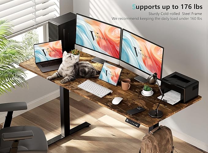 63 x 28 inch Electric Standing Desk Adjustable Height with 4 Wheels 4 Memory Height Settings 2 Headphone Hook for Home Office Splice Board Brown