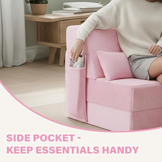 Tiita Convertible Folding Sofa Bed Twin Size for Adults with Pillow Plush Fabric Floor Mattress Couch Bed Washable Cover &amp Side Pocket Guest Room Dorm Apartment Living Room Pink