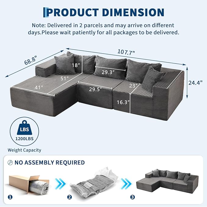 GarveeLife 108” Modular Sectional Sofa Cloud Sectional Couch with L-Shape Chaise Modern Modular Deep Seat Sofa Couch Upholstered Boneless Couches for Living Room Bedroom Left Facing Chaise Grey
