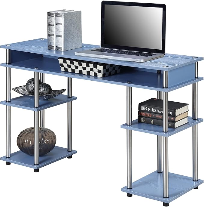Convenience Concepts Designs2Go No Tools Desk Home Office Desk with Shelves Corner Shelf Vanity Desk Computer Desk Nail Table for Nail Tech - 47.25 L x 15.75 W x 30 H Blue