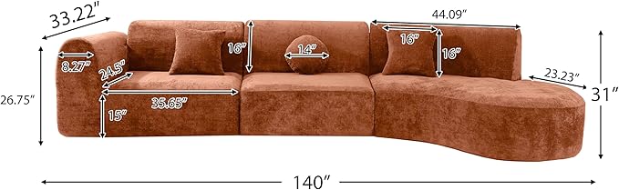 kevinplus 140'' Curved Sectional Sofa Sponge Couch with Chaise Lounge for Living Room L-Shape Modern Sectional Sofa Couch No Wood Structure &amp No Assembly 72 Hour Rebound Orange