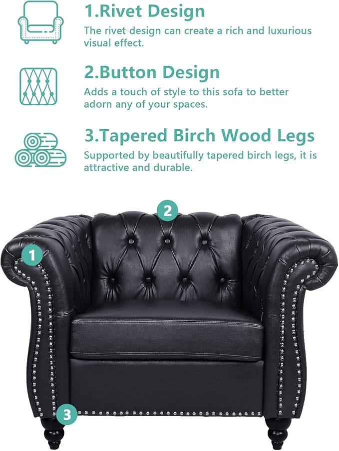 Chesterfield Accent Chair Leather Comfy Reading Club Chair Mid Century Modern Vanity Armrest 1 Seat Couch for Living Room Bedroom Office (PU Black)