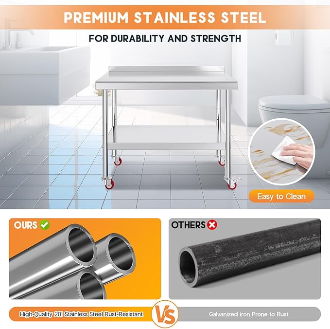 Jocisland 24 x 48 Stainless Steel Table for Prep &amp Work NSF Certified with Backsplash and Wheels Adjustable Under Shelf &amp Safe Design for Restaurant Home and Outdoor