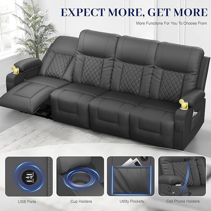 YONISEE 4 Seat Recliner Sofa Large Reclining Sofa with Storage Drawer Manual Recliner Couch with USB Ports 2 Cell Phone Holder 4 Seater Loveseat Recliner Couch for Living Room | Cell Phone Holder