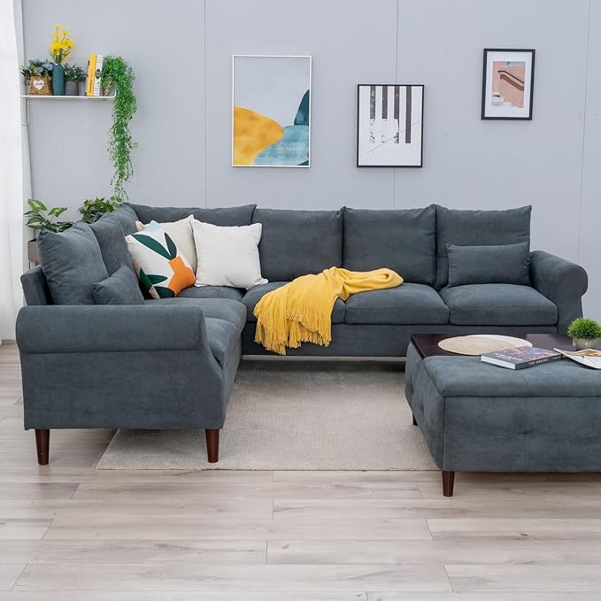 Panana 6 Seater Corner Sofa Modern Rolled Arms Design L Shaped Couch Settee for Living Room (Gray 6 seat L Shaped Corner Sofa)