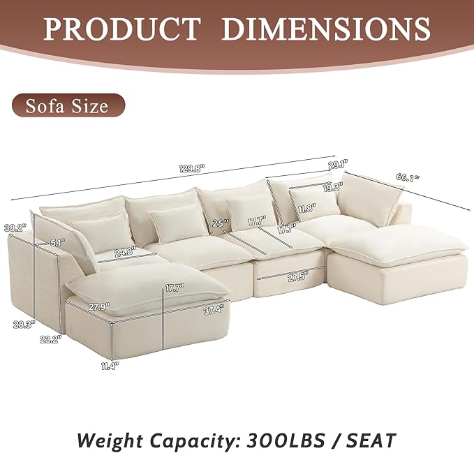 130 Oversized Cloud Sectional Sofa U Shaped Boneless 4-Seater Modular Couch with Ottoman Extra Deep Seat Compressed Foam Sofa for Living Room White