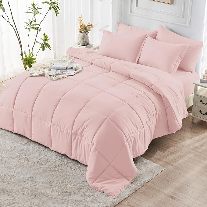 JOLLYVOGUE California King Comforter Set Ultra-Soft Bed in a Bag Cal King Size 7 Pieces Oeko-TEX Certified Bedding Set with Down Alternative Comforter Sheets Pillowcases &amp Shams Blush Pink