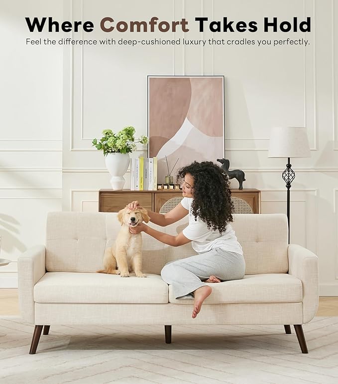 Tbfit 77.2 W Linen Sofa Couch Mid Century Modern Decor Loveseat Couches for Living Room Button Tufted Upholstered Small Couch for Bedroom Solid and Easy to Install Love Seats Furniture Beige | l