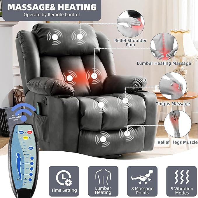 Power Lift Recliner Chair for Elderly Electric Recliner Chairs for Adults with Massage and Heat Cup Holders Remote Control USB Ports Side Pockets Leather (Aluminum Gray)