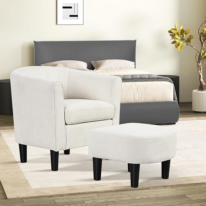 GOFLAME Accent Chair with Ottoman Modern Teddy Velvet Barrel Chair with Footrest Curved Backrest Removable Seat Cushion Upholstered Club Tub Sofa Reading Armchair for Living Room Bedroom Beige