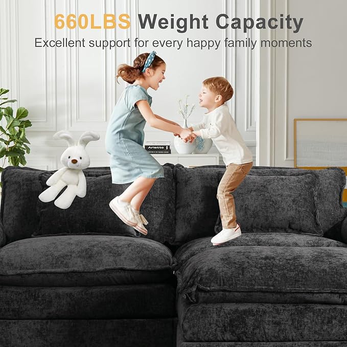 Modular Sectional Sofa 86 L Shaped Couch Set with Movable Ottoman Chenille Comfy Cloud Couch Sectional Set Extra Deep Seat Sofa with 2 Pillows for Living Room (Black 2-Seat &amp 1-Ottoman)