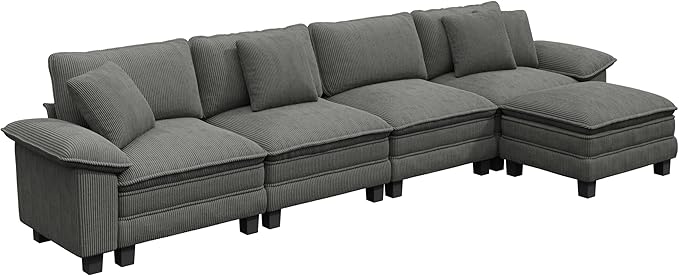 PHI VILLA Cloud Modular Couch Sets 157.5 Sectional Sofa with L-Shaped Chaise 5-Seater Upholstered Couches with Movable Ottoman for Living Room Corduroy Fabric Grey