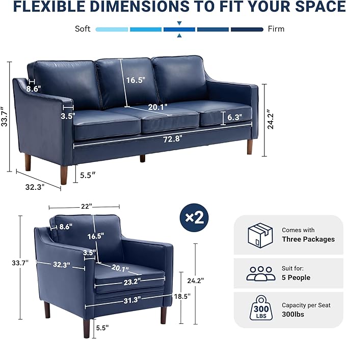 Kingfun Living Room Furniture Sets 3 Seater Couch and Loveseat Mid Century Modern Sofa Set Faux Leather Couch with Solid Wood Frame for Living Room &amp Bedroom Blue