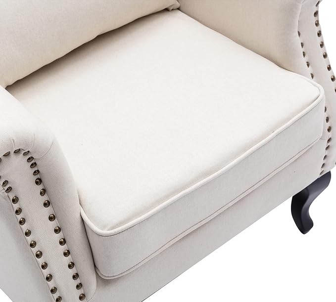 Mid Century Modern Accent Chair Upholstered Armchair Comfy Linen Fabric Single Sofa with Tufted Wingback for Small Spaces Bedroom Living Room Beige