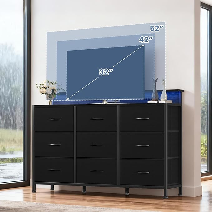DUMOS TV Stand Dresser with 9 Fabric Drawers and Open Shelves Entertainment Center with LED Lights Charging Station for Bedroom Wood Top Media Console for 45-55 inch TV Stand with Storage Black