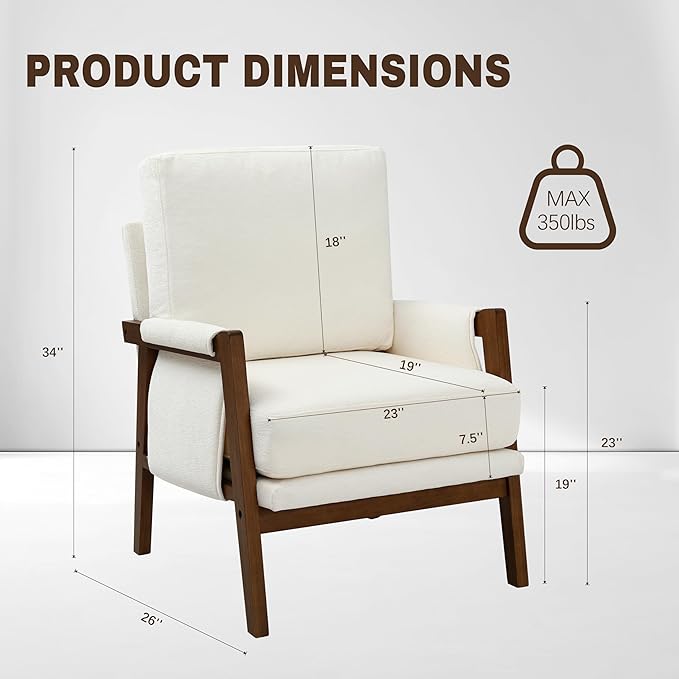 Accent Chairs for Living Room Set of 2 Modern Arm Chairs for Bedroom Wooden Upholstered Mid Century Accent Chairs Cream White