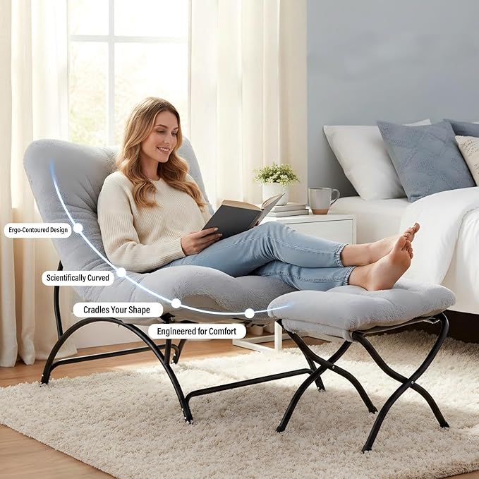 Tiita Accent Lazy Chair with Ottoman Comfy Lounge Chair with Metal Frame and Plush Fabric Thick Cushion Seated Cozy Recliner Chair for Reading Room Living Room Bedroom Office Light Gray